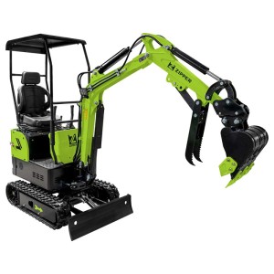 Zipper Minibagger ZI-MBG850DS5 in Grün-Schwarz mit Baggerschaufel und Baggerdaumen. Kompakte Baumaschine auf Gummiketten.
