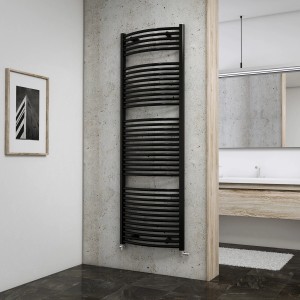 Schulte Design-Heizkörper München, rund, Anthrazit, 1224 W, mit seitlichem Anschluss im Badezimmer.