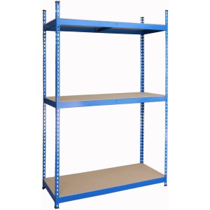 Blaues Atrox Reifenregal mit drei Böden aus MDF-Platten für Werkstatt und Garage.