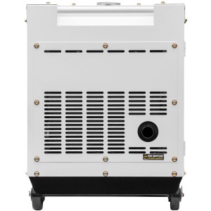Rückansicht Hyundai Silent Diesel-Generator DHY8600SE mit Lüftungsgittern und Rädern.