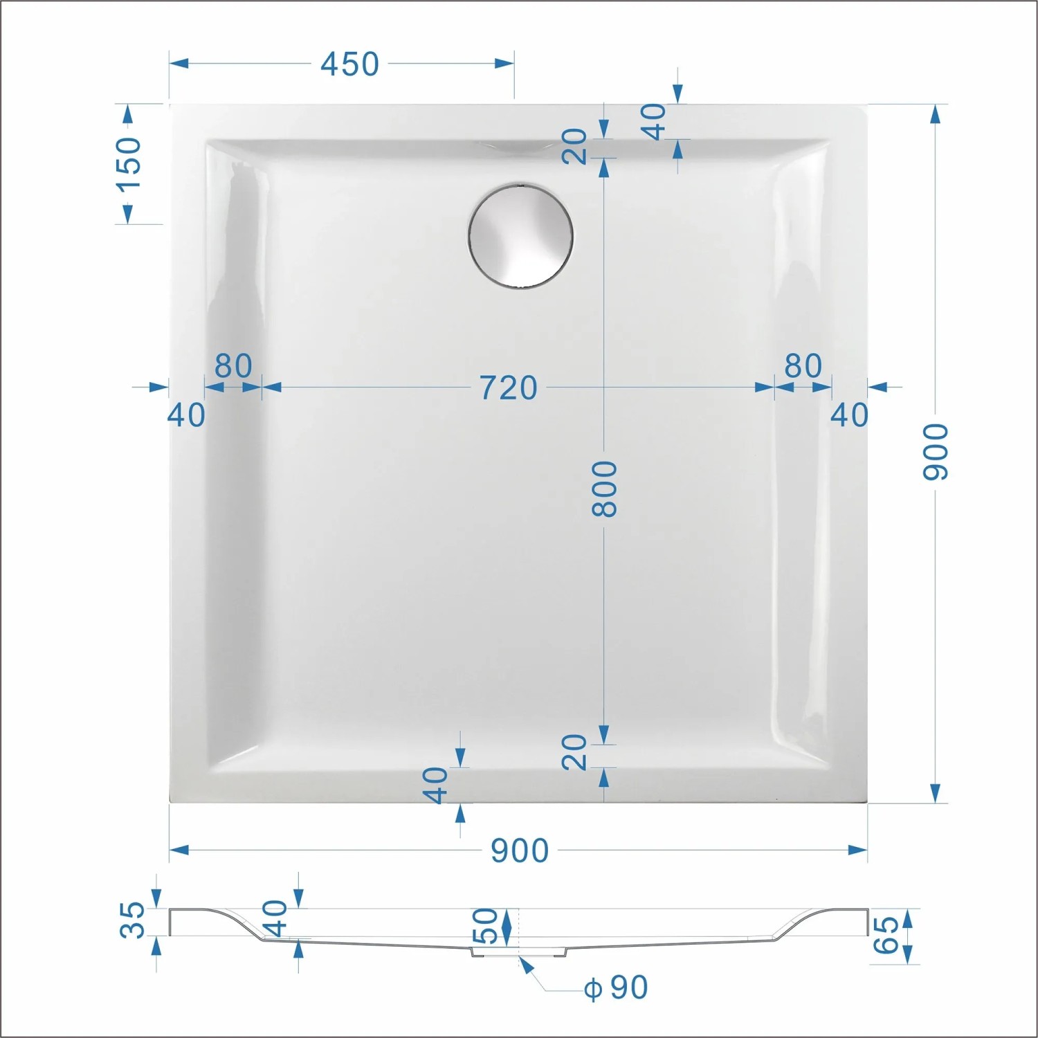 Technische Zeichnung: Sanicomfort Duschwanne 90x90 cm mit Maßangaben.