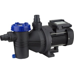 Schwarze Filterpumpe WP7000 für Pools, selbstansaugend mit Vorfilter und blauem Deckel.