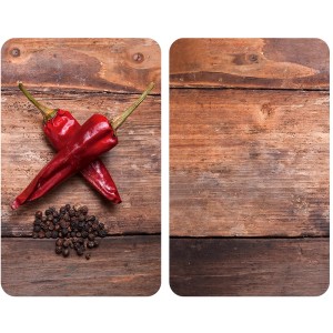 Allstar Glasabdeckplatten Pepper 2er-Set für Glaskeramik-Kochfelder mit Chili und Pfeffer auf Holz.
