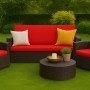 Gartenmöbel-Set mit rotem 3-Sitzer Sofa-Kissen und Sesseln. Ideal für Terrasse und Garten.