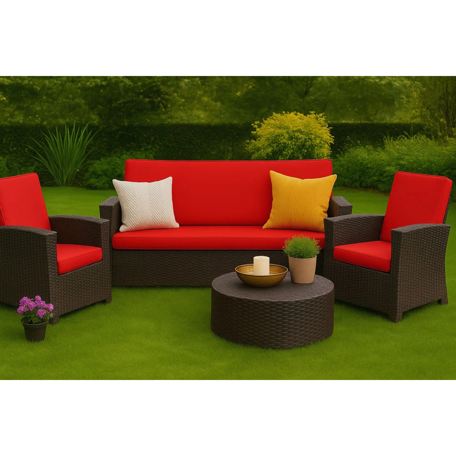 Gartenmöbel-Set mit rotem 3-Sitzer Sofa-Kissen und Sesseln. Ideal für Terrasse und Garten.