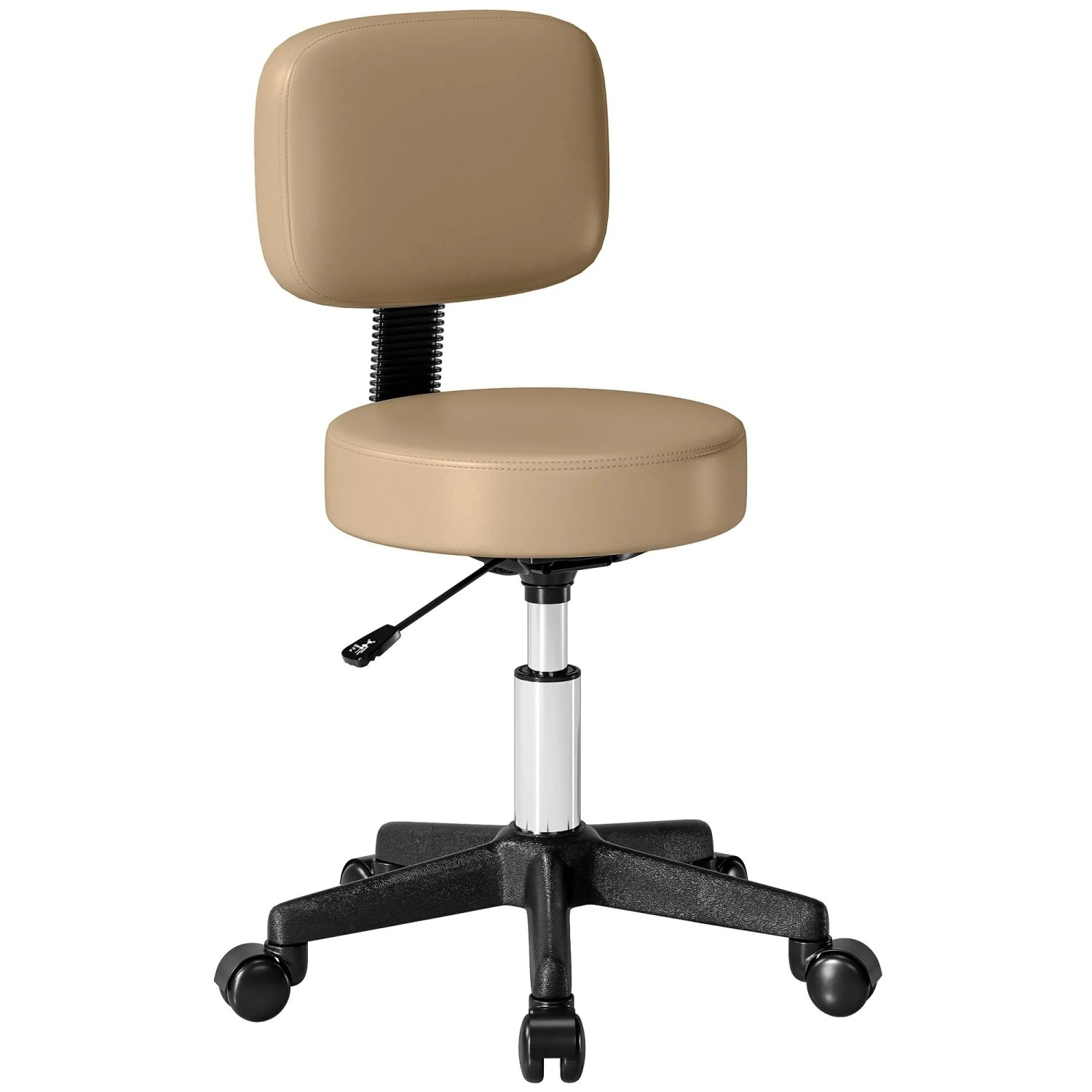 Hellbrauner HOMCOM Salon Hocker aus Kunstleder, gepolstert, mit Rückenlehne, höhenverstellbar und Rollen. Drehhocker.
