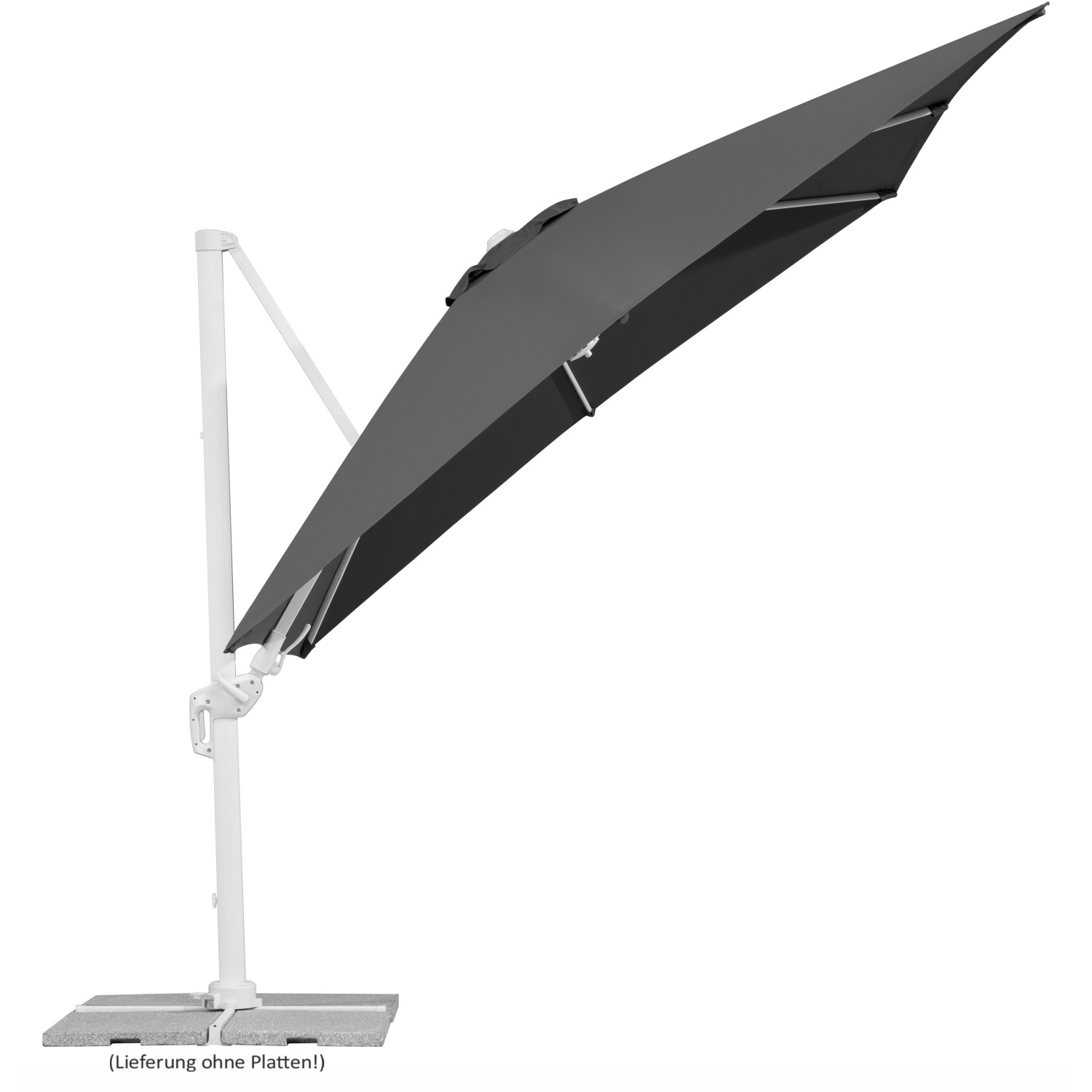 Anthrazitfarbener Schneider Ampelschirm, 360x300 cm, mit Dreh- und Neigefunktion für flexible Beschattung.