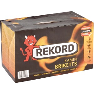 Rekord Kamin-Braunkohlebriketts, 10 kg Papierpack, sauber verpackt mit Tragegriff.