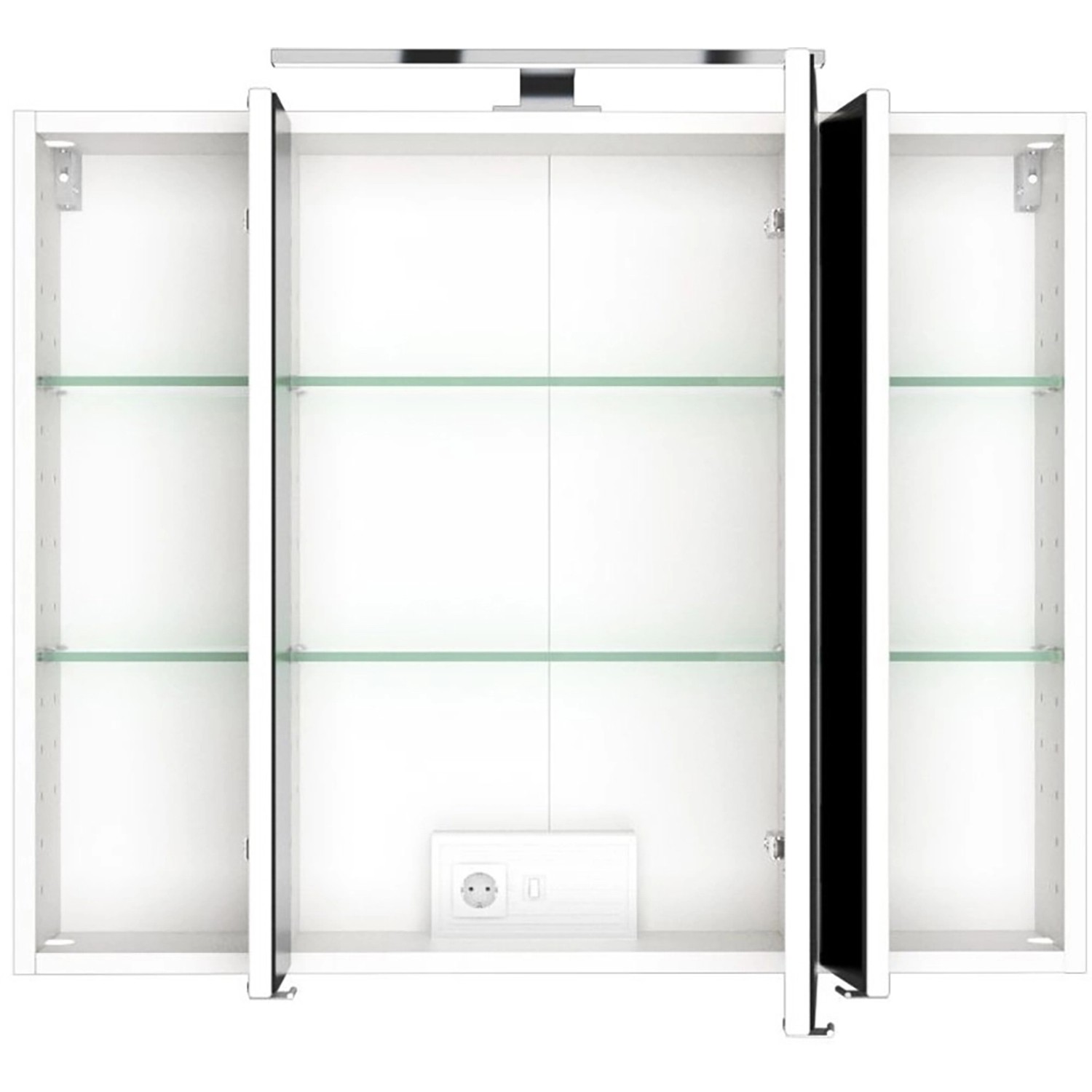 Offener, weißer Held Möbel 3D-Spiegelschrank Verona (80 cm) mit Glasböden und Aufsatzleuchte.