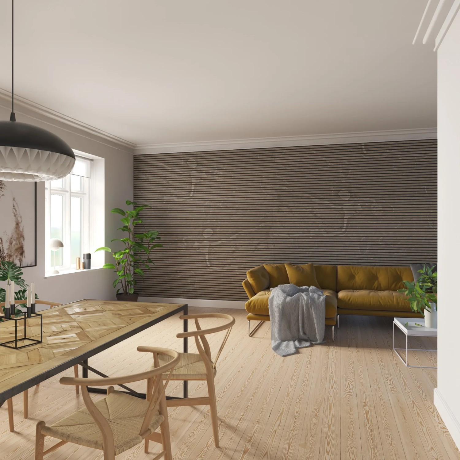 Wohnraum mit Akustikpaneel Steinfurnier Tan an der Wand hinter einem gelben Sofa.