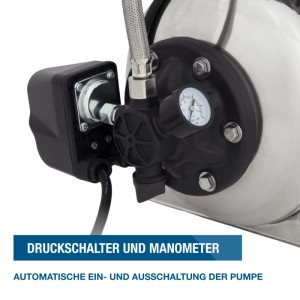 HYUNDAI Hauswasserwerk HWW12050-IN: Druckschalter und Manometer am INOX-Kessel. Automatische Steuerung der Elektro-Pumpe.