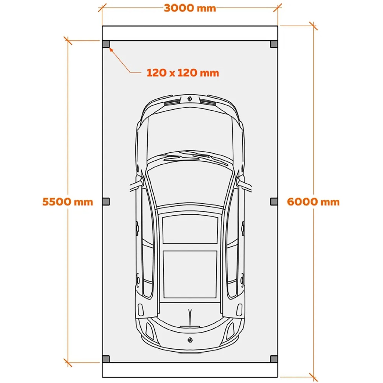 Skizze Einzelcarport Ralf: 300x600cm, Blechdach dunkelgrau, Maße und Auto-Silhouette.