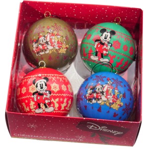 Disney Weihnachtskugeln, 4er Set mit Mickey Maus Motiven in Rot, Grün, Blau und Gold.