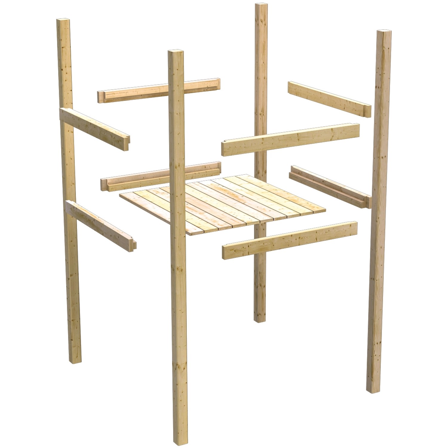 Karibu Stelzenhaus Frieda mit Anbauplattform aus naturbelassenem Holz. Spielturm für Kinder.