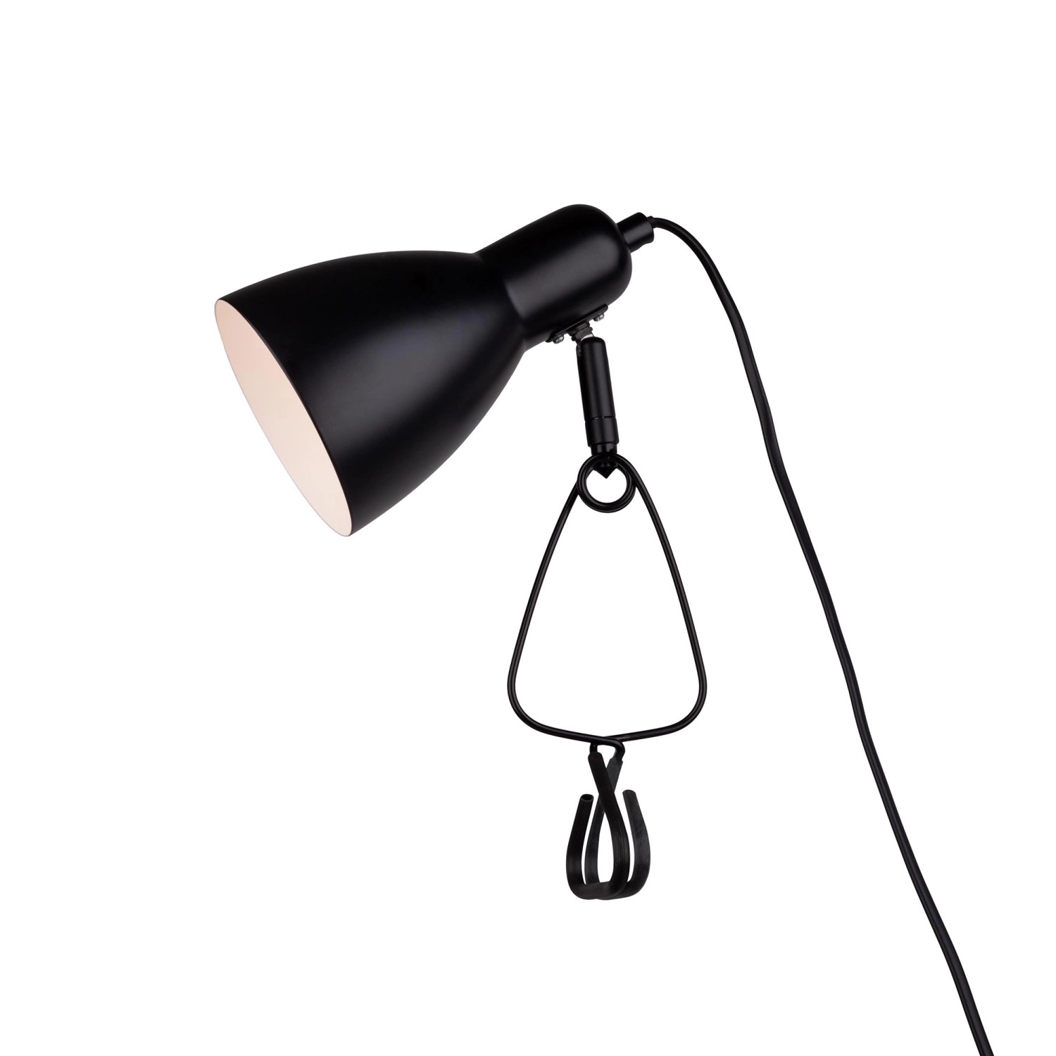 Schwarze Näve Klemmleuchte Mara, 28 cm, mit Metallklemme und Schalter am Kabel.