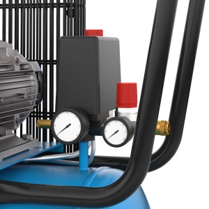 Detailaufnahme: Güde Kompressor 580/10/50, 400V, mit Manometer und Druckschalter.