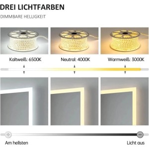 Emke Badspiegel LED-Beleuchtung: Drei Lichtfarben (Kaltweiß, Neutral, Warmweiß) und dimmbare Helligkeit.