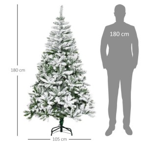 HOMCOM Künstlicher Weihnachtsbaum 180cm mit Kunstschnee, grüne Nadeln, weiß gefrostet, auf schwarzem Ständer. Größenvergleich.