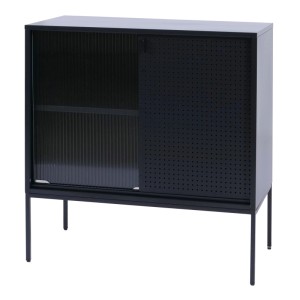 Schwarze MCW Kommode O90 im Industrial Look mit Schiebetüren, Metallfüßen und zwei Staufächern.