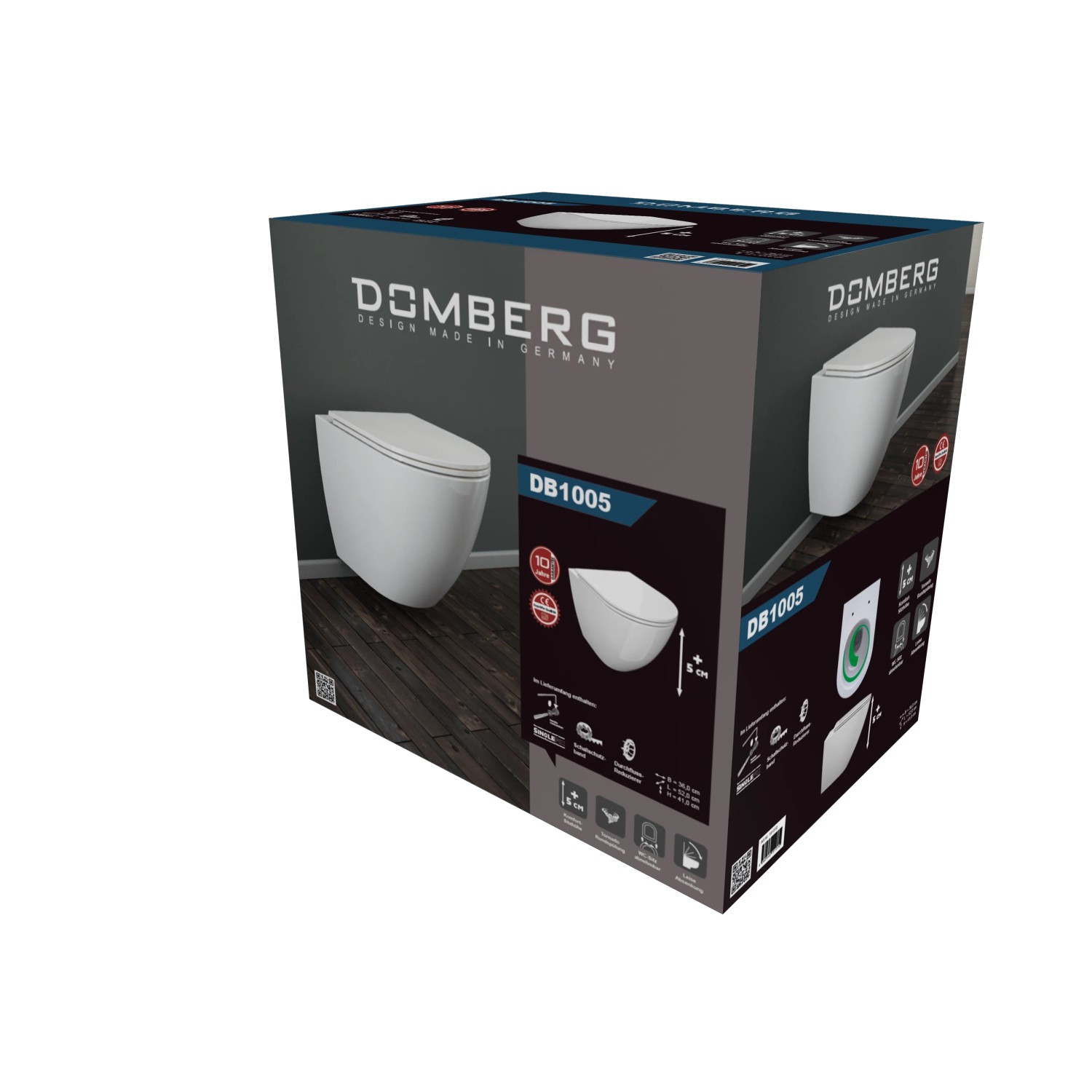 Verpackung des Domberg Wand-WC-Sets DB1005 in Weiß, mit WC-Sitz und Zubehör.