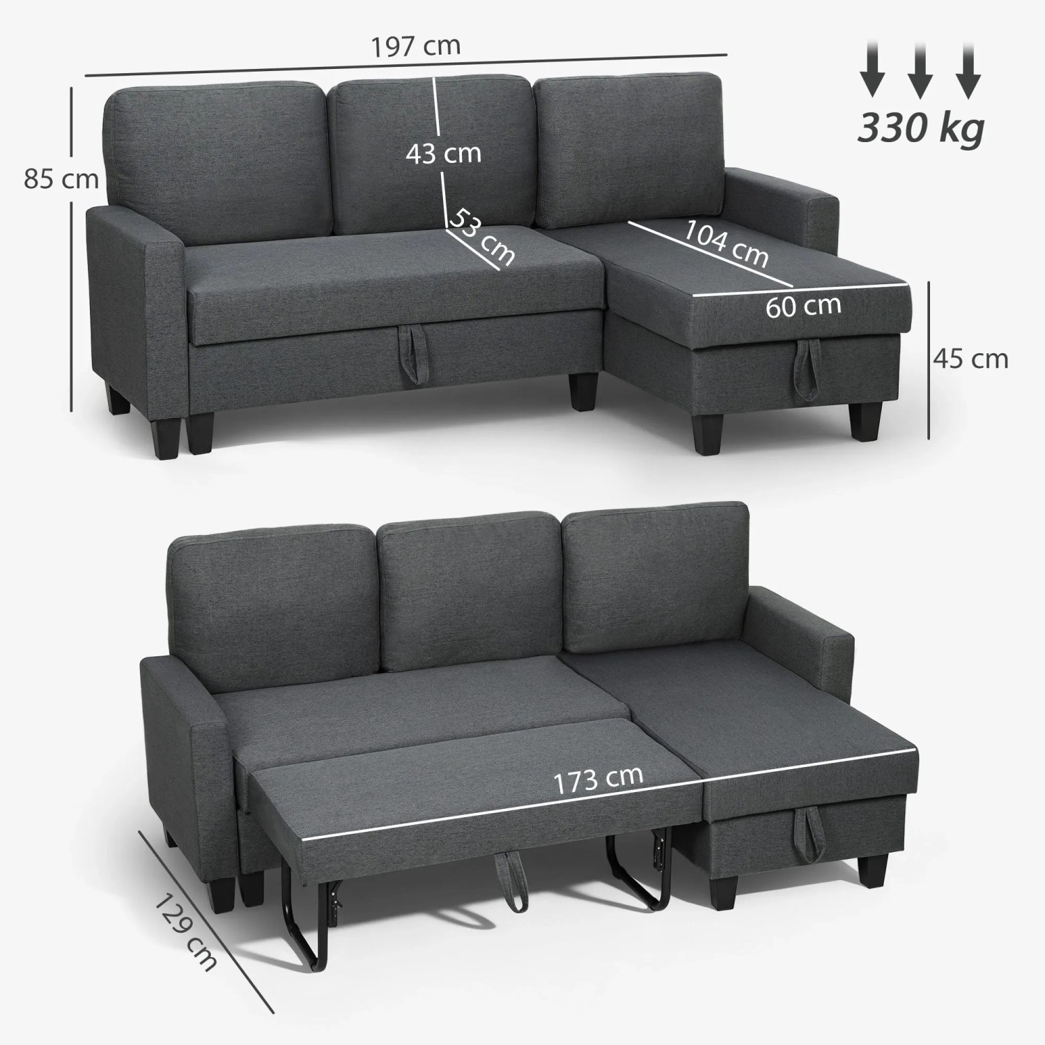 Dunkelgraues HOMCOM Ecksofa mit Schlaffunktion, Stauraum-Chaiselongue, als Sofa und Bett. 197x129x85 cm.