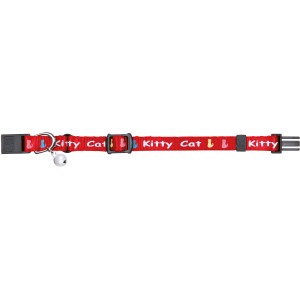 Rotes Jollypaw Kätzchenhalsband aus Nylon mit Glöckchen und "Kitty Cat" Aufdruck.
