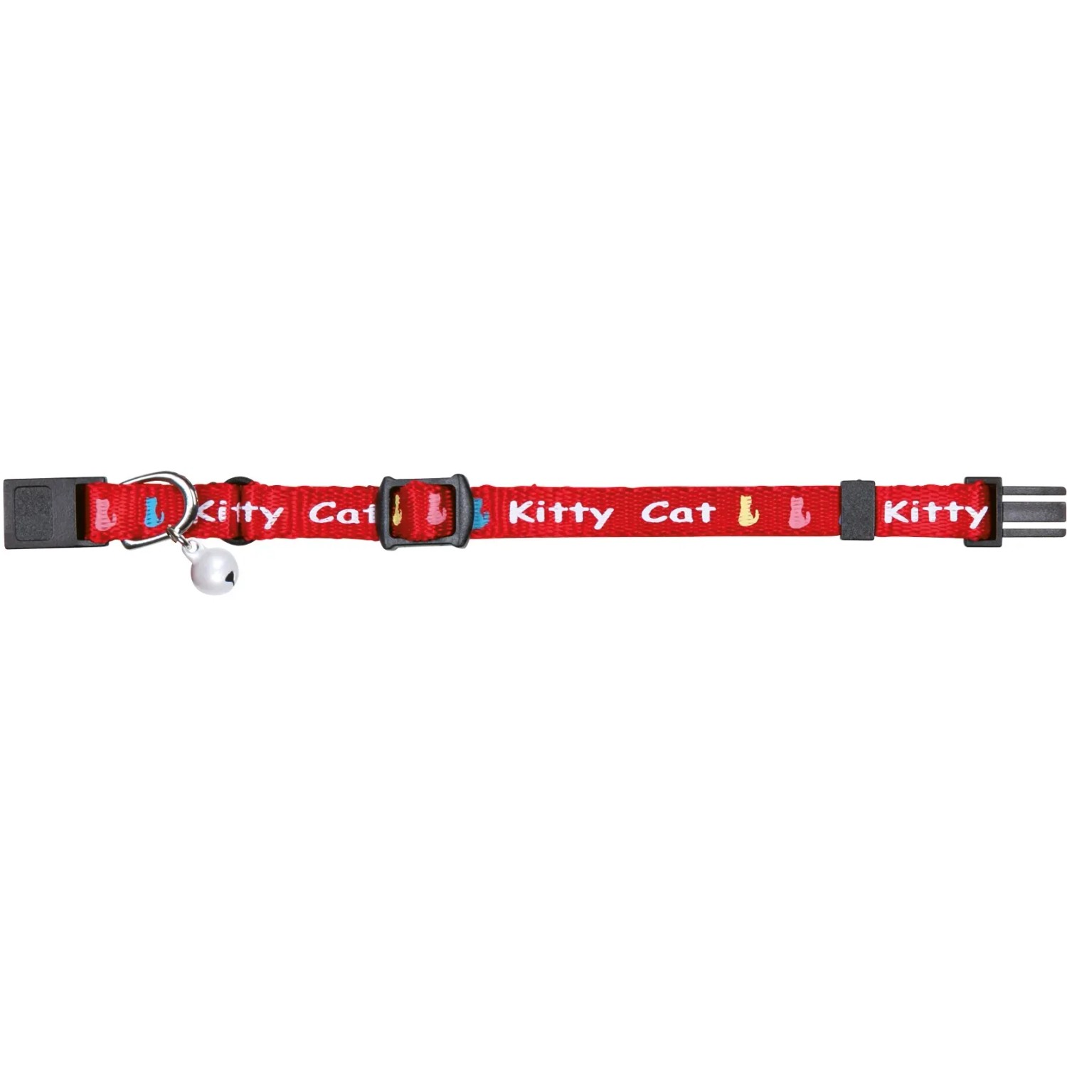 Rotes Jollypaw Kätzchenhalsband aus Nylon mit Glöckchen und "Kitty Cat" Aufdruck.