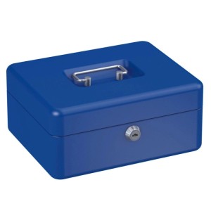 Blaue Basi Geldkassette GK 10M (H90*B200*T160mm) aus Stahlblech mit Tragegriff und Hebelschloss.
