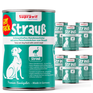 Supravit Premium Hundenassfutter Strauß im 6er Pack. Grüne Dosen mit Hundemotiv, getreidefrei.