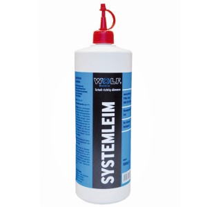 Weiße Flasche Wolf Systemleim (1 kg) für Gipskartonplatten-Zubehör mit rotem Verschluss.