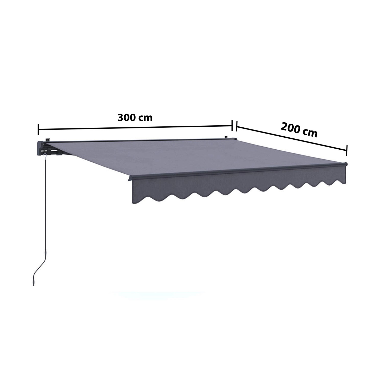 Anthrazitfarbene Gelenkarmmarkise Aventura 3x2m mit Volant und Maßangaben.
