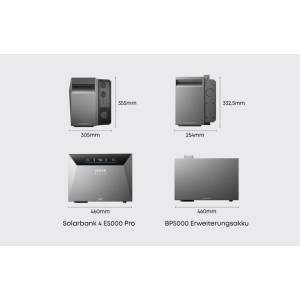 Anker Solix Solarbank 4 E5000 Pro und BP5000 Erweiterungsakku. Graue, rechteckige Solarstromspeicher-Einheiten mit Maßen.