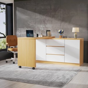 okwish Eckschreibtisch in Weiß/Eiche mit drehbarer Platte, Rollen und viel Stauraum für Büro/Wohnzimmer.