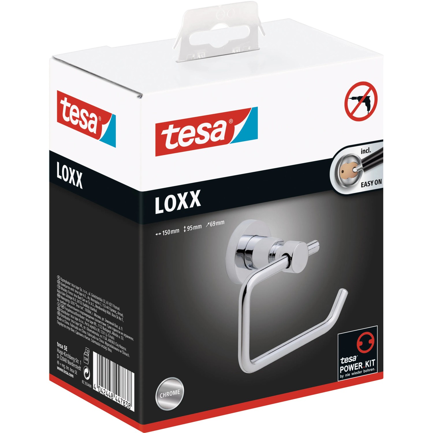tesa® LOXX Toilettenrollenhalter, hochglanzverchromt, zur Wandmontage ohne Bohren.