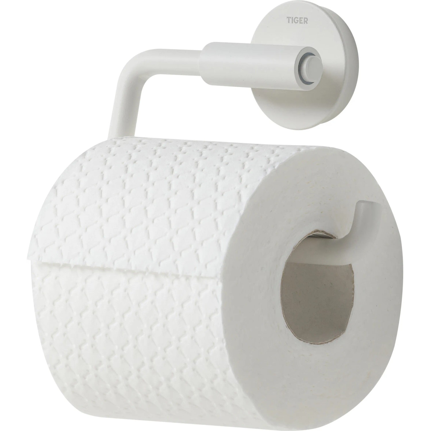 Weißer Tiger Toilettenpapierhalter Urban ohne Deckel mit Papierrolle.