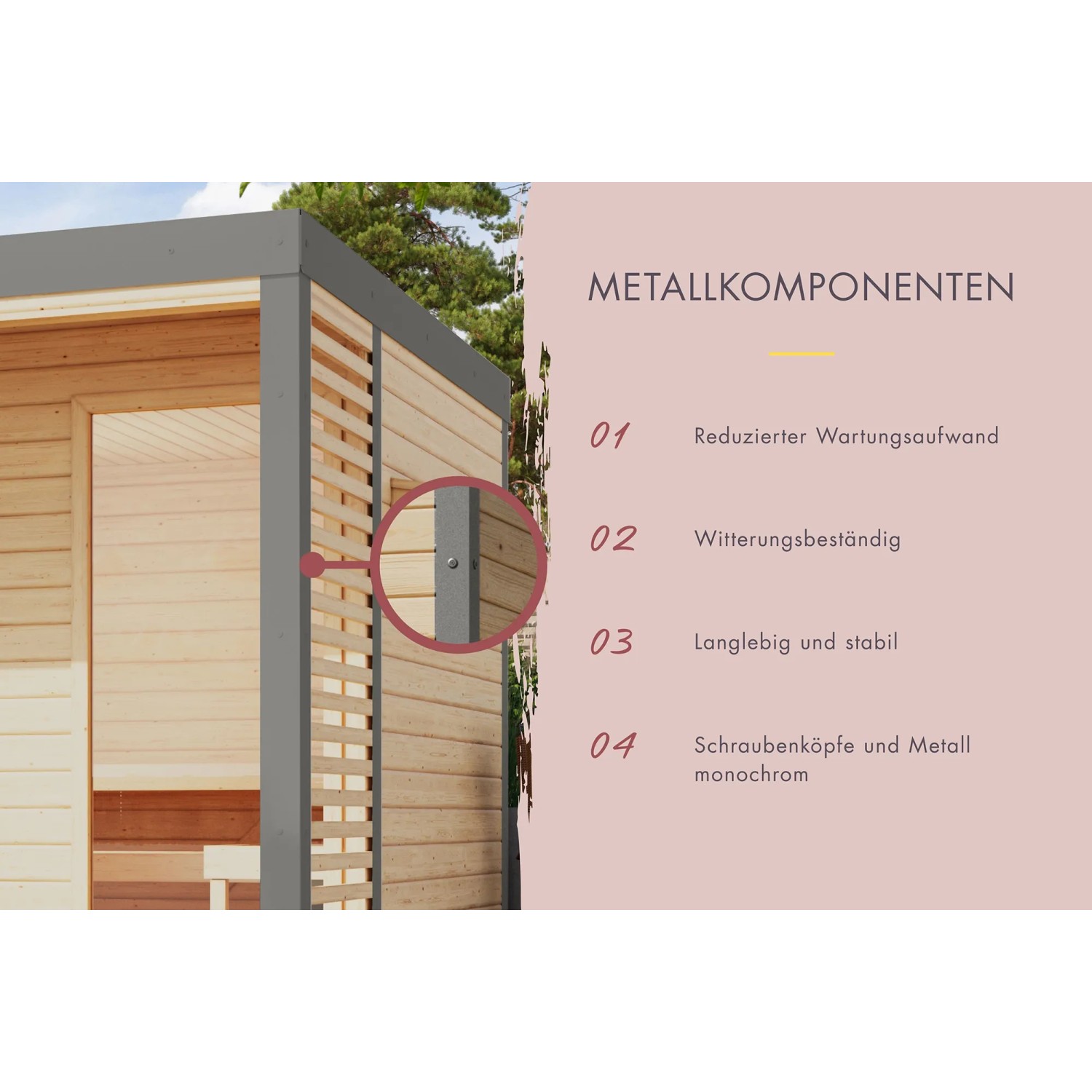 Detailaufnahme Karibu Saunahaus Seros 3: Metallkomponenten und Schraubenköpfe in Anthrazit/Graualuminium.