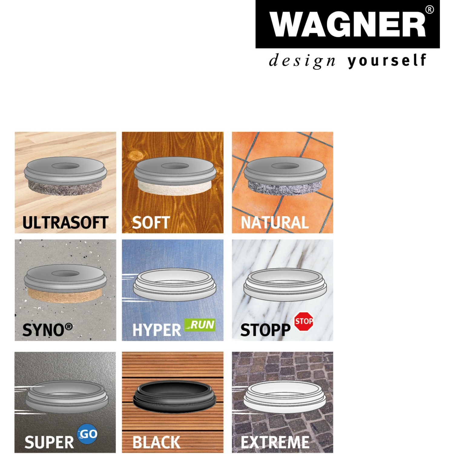 Wagner Verstellfuß Justus Slim QuickClick 4er Set mit verschiedenen Gleiteinsätzen für Möbelbeine.