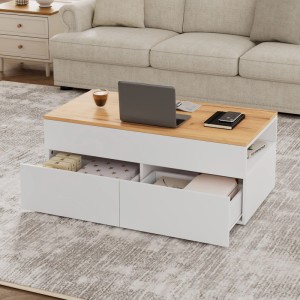 okwish Couchtisch, höhenverstellbar, weiß/natur, 2 Schubladen, Stauraum. Modernes Wohnzimmer.