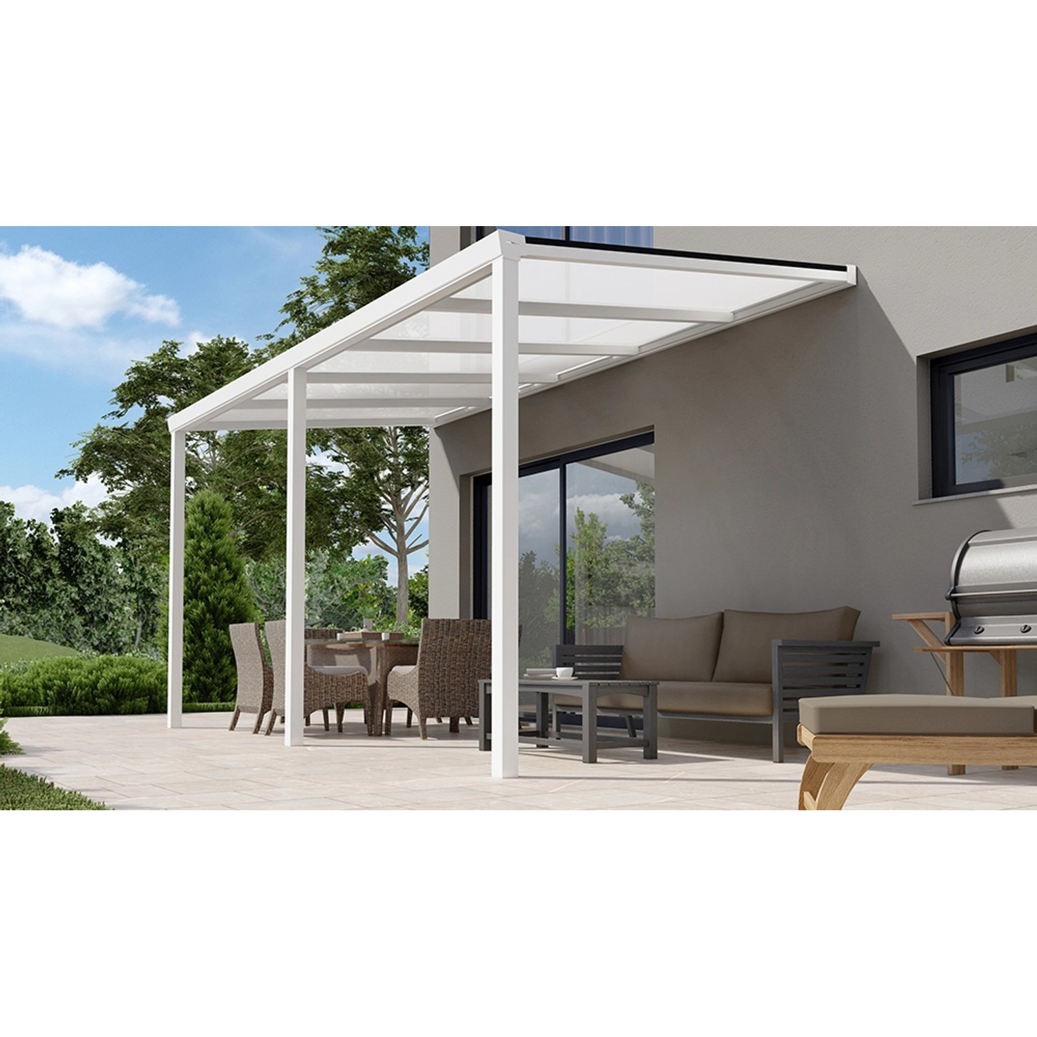 Weiße Terrassenüberdachung Basic 500x250 cm mit Opal Polycarbonatplatten.