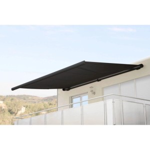 Anthrazitfarbene MCW Kassettenmarkise 6x3m aus Polyester, montiert auf einem Balkon.