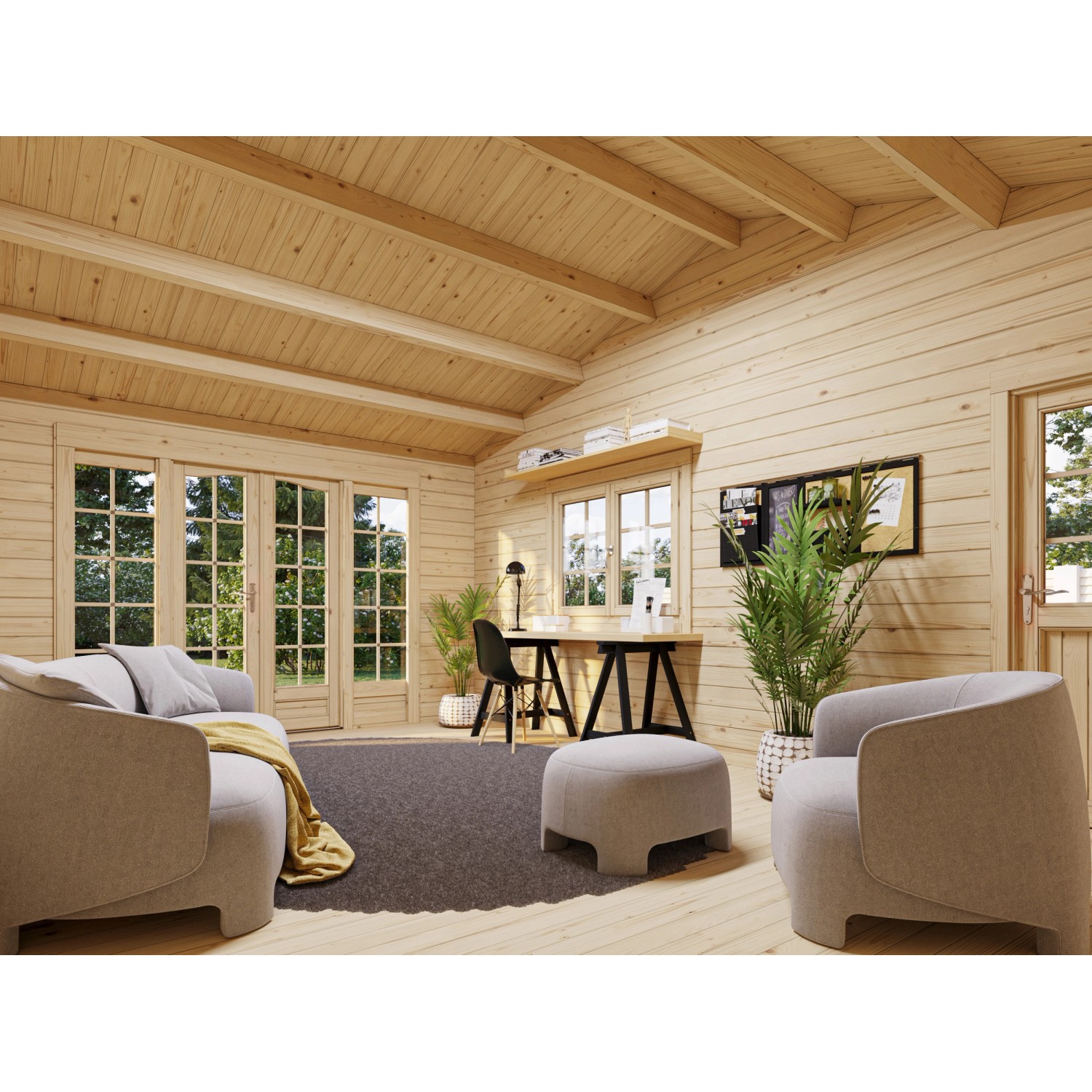 Innenansicht: Naturbelassenes Palmako Gartenhaus Irene mit Möbeln und viel Tageslicht.