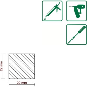 FN Neuhofer Flachleiste Lärche Roh, 22x22x2000mm, Querschnitt mit Maßangaben, Icons für Montage.