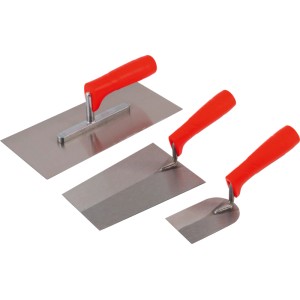 3-teiliges Kellen-Set: Robuste Metallkellen mit roten Kunststoffgriffen in verschiedenen Größen für Maurer & Fliesenleger.