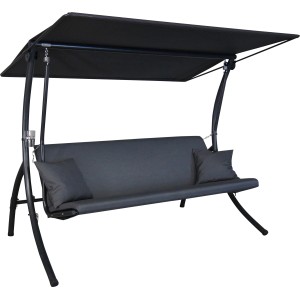 Anthrazitfarbene Angerer Hollywoodschaukel Motion Zip 3-Sitzer mit Sonnendach und Kissen.