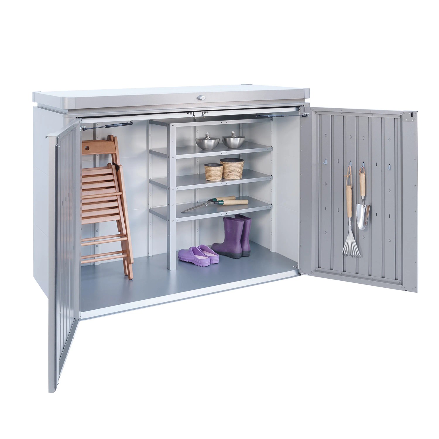 Offene Biohort HighBoard 160 Gartenbox in Quarzgrau-Metallic mit Gartenzubehör.