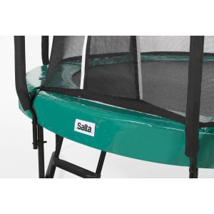 Detailansicht: Grünes Salta Trampolin First Class ø 366 cm mit Sicherheitsnetz und Leiter.