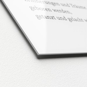 Detailaufnahme: Pro Art Glasbild Zuhause II, 20x20 cm, mit Text auf weißem Grund.