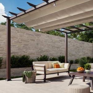 Pavillon Pergola Florenz Cocoa mit Sonnensegel und Gartenmöbeln auf Terrasse.