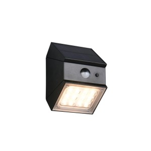Schwarze LED Solar-Wandleuchte TALCA mit Bewegungsmelder und einstellbarer Lichtfarbe.