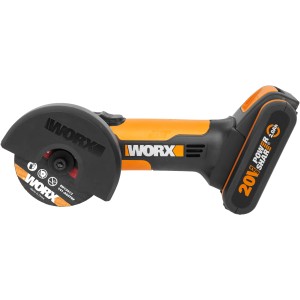 Worx Akku-Mini-Winkelschleifer WX801 mit Akku, Trennscheibe und Schutzhaube.